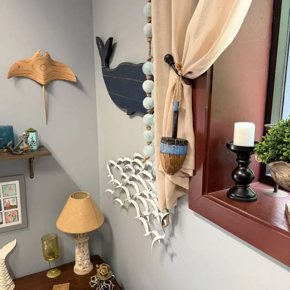 Decorative Wood Buoy Blue Stripe Rope Hanger 15 Inch Nautical Wall Accent